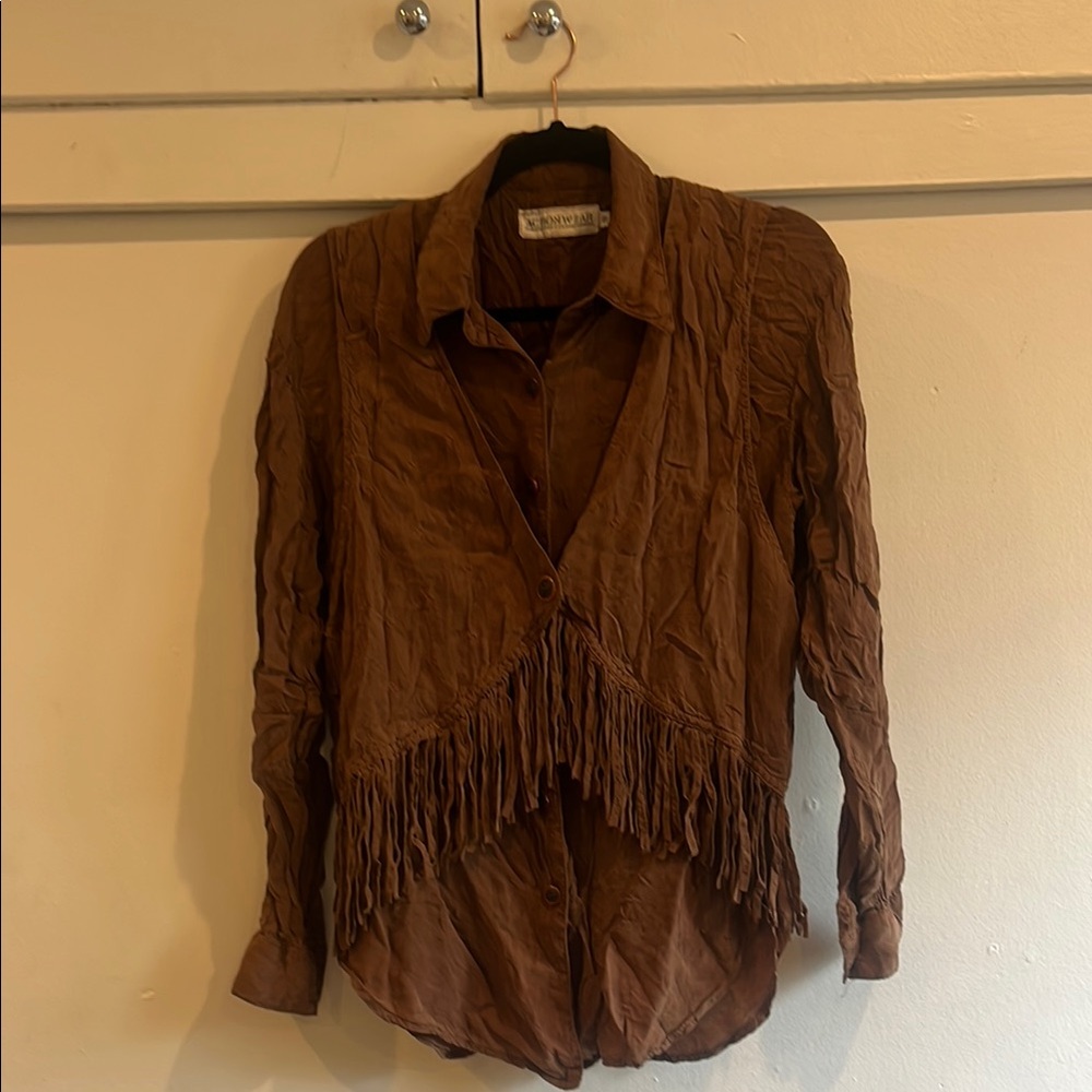 Brown Fringe Button-Up Shirt w/ Connected Vest